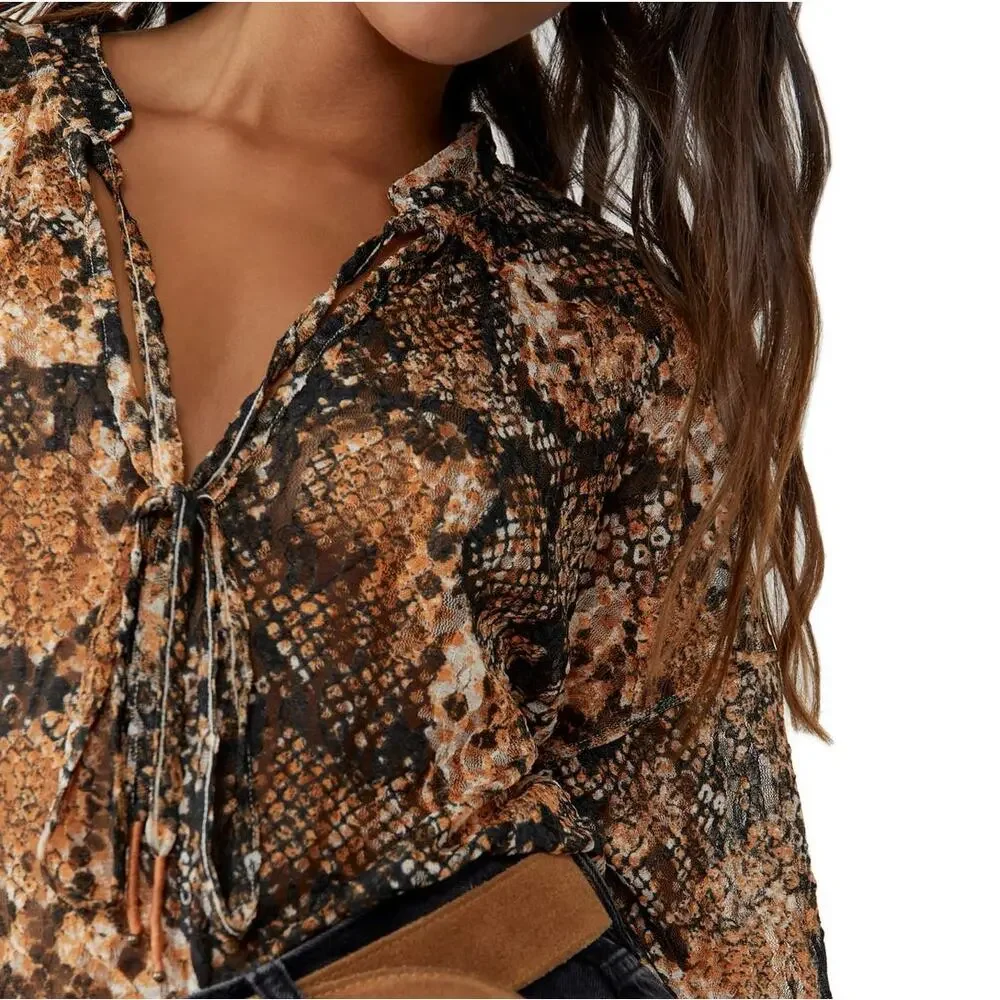 Free People Out For The Night Long Sleeve Blouse Shirt Size Small Snakeskin
